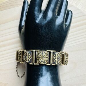 VTG Damascene Panel Bracelet Size 7.5 Wide Toledo Spain‎ Gold Plate Safety Chain